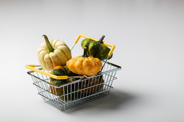 Colorful  pumpkins in a shopping basket on a white background