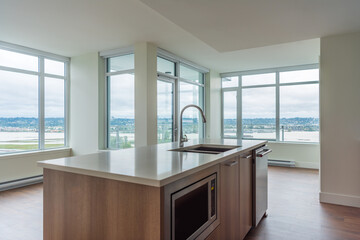 Modern, bright, clean empty kitchen interior with stainless steel appliances in a luxury house.