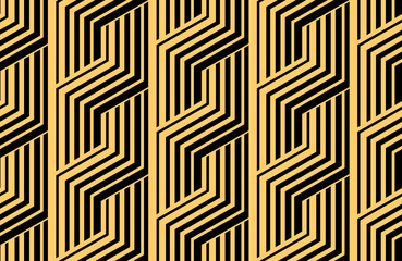Abstract geometric pattern with stripes, lines. Seamless vector background. Gold and black ornament. Simple lattice graphic design