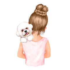 watercolor illustration of a little girl with a dog in her arms, a girl with a puppy, friends 