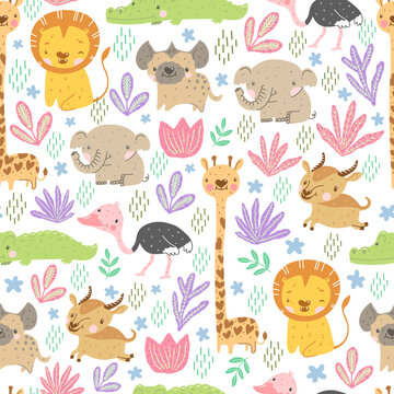 Cute Baby African animals seamless pattern on white background. Children illustration with adorable little animal characters. For textile fabric design, gift wrapping paper, scrapbooking, covers. 