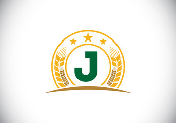 Initial J monogram alphabet symbol design incorporated with Wheat, barley, or rye. Agriculture logo concept. Font emblem. Logo for agriculture business and company identity