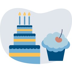 Vector birthday cake with candle and muffin icon