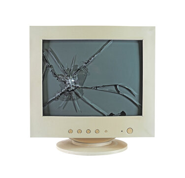  Broken monitor old computer isolated on white background, kinescope, glass, cracks, display