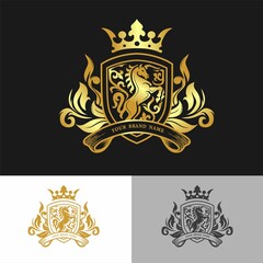 Retro golden logo with unicorn horse on shield. Can be used as a logo, emblem or banner for a luxury, royal or vintage design concept.