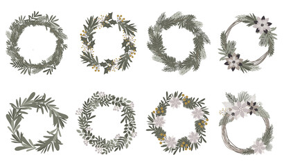 Vector collection of wreaths for Christmas and New Year. Doodle isolated illustration. Winter holidays, baby shower, birthday, children's party