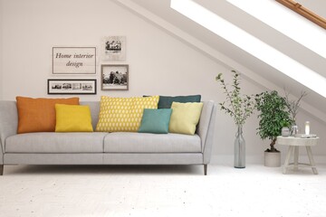 White living room with sofa. Scandinavian interior design. 3D illustration