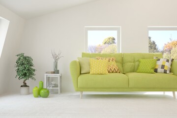 Stylish room in white color with sofa and autumn landscape in window. Scandinavian interior design. 3D illustration