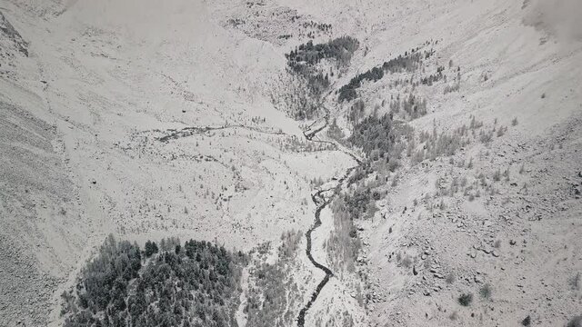 Storm, snowfall in the huge glacier of Mount Belukha, the valley of the Aktru River, the Altai Mountains. Cloudy weather, stone in the snow, storm, wildlife, winter forest, frozen mountain river in