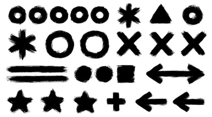 Dry brush signs set. Monochrome isolated vector figures. Hand-drawn images kit. Simple circles, stars, arrows, crosses and squares shapes collection.