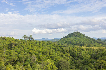 Beautiful fertile forest countryside of thailand. Sunny afternoon. Tree, sky and rolling hills....