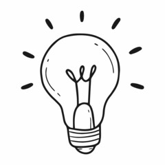 Glowing light bulb in simple cartoon doodle style. Sign of idea, solution. Vector illustration.