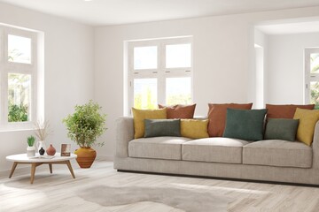 Modern living room in white color with sofa. Scandinavian interior design. 3D illustration