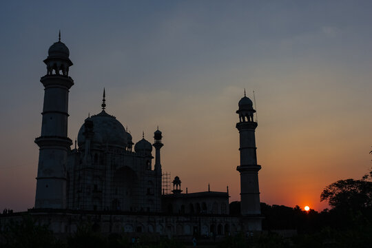 Silhouette of Bibi Ka Maqbara at sunset; a tomb located in Aurangabad, Maharashtra, India