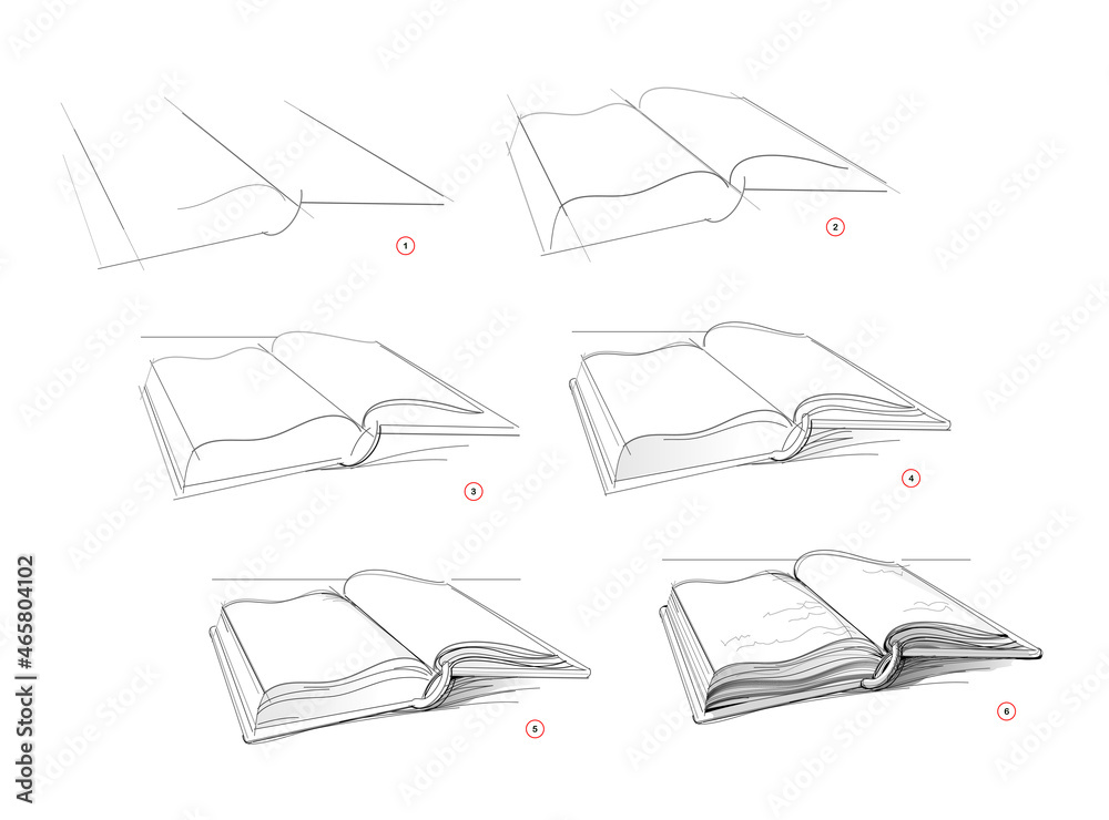 Wall mural page shows how to learn to draw sketch of old open book in perspective. creation step by step pencil