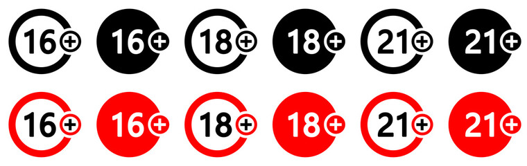 Set of age restriction signs in two colors. Age limit from 16 to 21 years. Adults сontent icons, prohibition signs. 16, 18, 21 age symbols. Vector illustration.