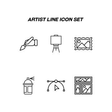 Profession of artist concept. Modern outline illustration for web sites, apps, banners, flyers. Editable strokes. Line icon set including icons of paintbrush, paint, canvas, dye, pen tool