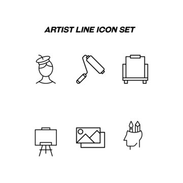 Profession of artist concept. Modern outline illustration for web sites, apps, banners, flyers. Editable strokes. Line icon set including icons of artist, paint roller, canvas