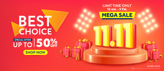 Vector of 11.11 Shopping day Poster or banner with gift box and spotlight background.11 november sales banner template design for social media and website.