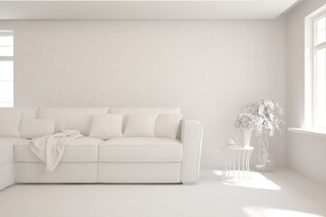 White minimalist living room with sofa. Scandinavian interior design. 3D illustration