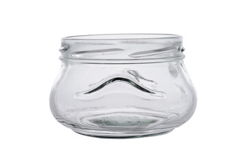 An empty, open glass jar for canned food and sauces. Wide shape on a white background, close-up