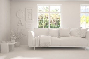 Mock up of stylish room in white color with sofa and green landscape in window. Scandinavian interior design. 3D illustration