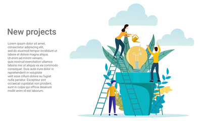 New projects.People water a light bulb in a flower pot.Business investments and support of new projects.Poster in business style.Vector illustration.