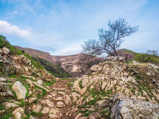 Hiking stone trail. Rocky road in Dagestan.