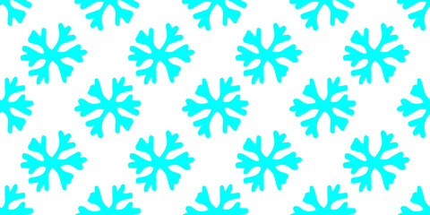 seamless pattern of simple turquoise snowflakes. a horizontal pattern of snowflakes in the style of doodles of bright light blue color is often evenly placed on a white background for a winter design 