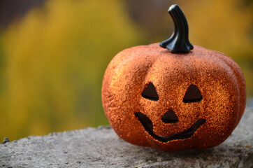 halloween jack lantern pumpkin on autumn leaves against the dark night sky at sunset. happy...
