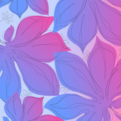 Fototapeta na wymiar seamless floral pattern, background with gradient, leaves in pink-blue color, chestnut leaves with continuous lines 