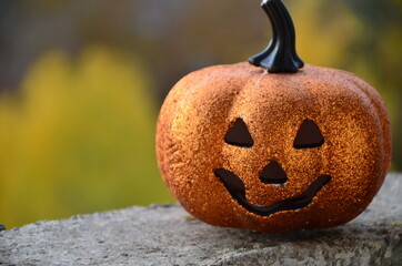 halloween jack lantern pumpkin on autumn leaves against the dark night sky at sunset. happy...