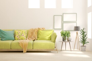 White living room with sofa. Scandinavian interior design. 3D illustration