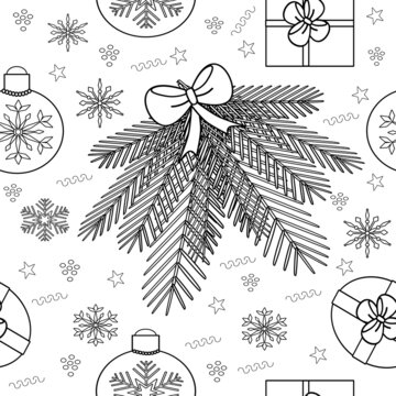 Spruce branch on a white background. Christmas coloring page. Christmass tree seamless pattern. Pattern for wrapping paper or textile. Winter wallpaper. Black and white.