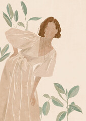 Abstract Boho Woman Portrait. Minimalist Female simple Modern Art. Pastel colors, Hand Drawn Contemporary card, logo Illustration © DaisyArt