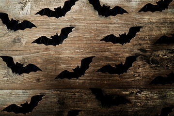 black bats on a gray brown wooden background 