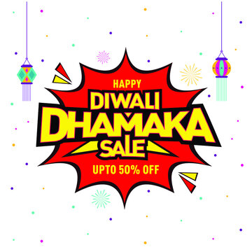 Diwali Dhamaka sale Offer, Template, Banner, Logo Design, Icon, Poster, Unit, Label, Web Header, Vector, illustration, Tag, Diwali Celebration background, Sign, Symbol, 50%off, Diwali modern logo.
