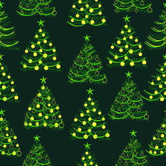 Seamless New Year's pattern with Christmas trees. Dark green background and abstract Christmas trees with toys.