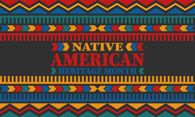 Native American Heritage Month. American Indian culture. Celebrate annual in in November in United States. Tradition Indian pattern. Poster and banner. Vector authentic ornament, ethnic illustration
