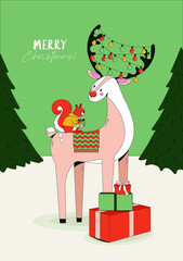 Vector illustration. Winter holidays greeting card with a reindeer, squirrel, presents and Christmas lights. Forest landscape festive drawing. Happy new year 2022.