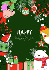 Vector illustration. Winter holidays greeting card. Animals, snowflakes, mistletoe. Reindeer, fox, polar bear, squirrel, mice, hamster, rabbit with presents. Forest festive drawing. New year 2022.