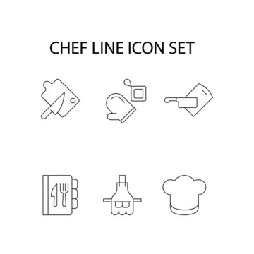 Chef line icon set. Collection of vector symbol in trendy flat style. Icons of knife, cutting board, oven mitt, chefs hat, recipe book, apron isolated on white background