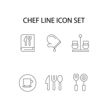 Chef line icon set. Collection of vector symbol in trendy flat style. Icons of cookbook, oven mitt, coffee cup, kitchen utensils etc. Editable strokes isolated on white background