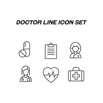 Doctor line icon collection. Vector line icons in trendy flat style for sites, apps, banners and flyers. Line icons of female doctor, medical suitcase, drugs and pills, prescription, electrogram