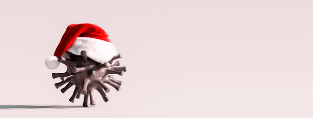 Black virus with Santa hat on light gray background 3D Rendering, 3D Illustration