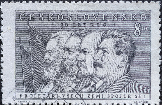 Czechoslovakia Circa 1951: A postage stamp printed in Czechoslovakia showing the portraits of the Communists: Marx, Engels, Lenin, Stalin. Czechoslovak Communist Party, 30th Anniversary