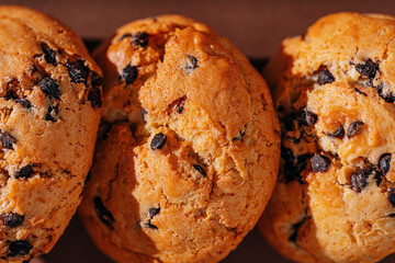 chocolate chip cookies close-up on brown background