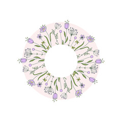 Cute wreath of wildflowers. Handmade vector floral wreath. Design for invitations and greeting cards.