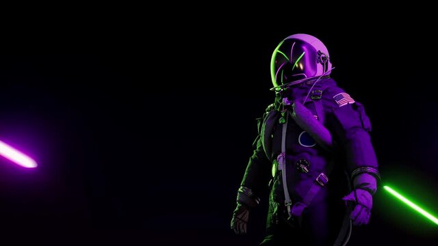 Retrowave astronaut among neon laser beams. Futuristic loop 3d animation