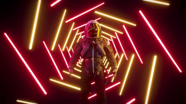 Astronaut in infinite red neon tunnel. Neon laser lights. Retrowave loop